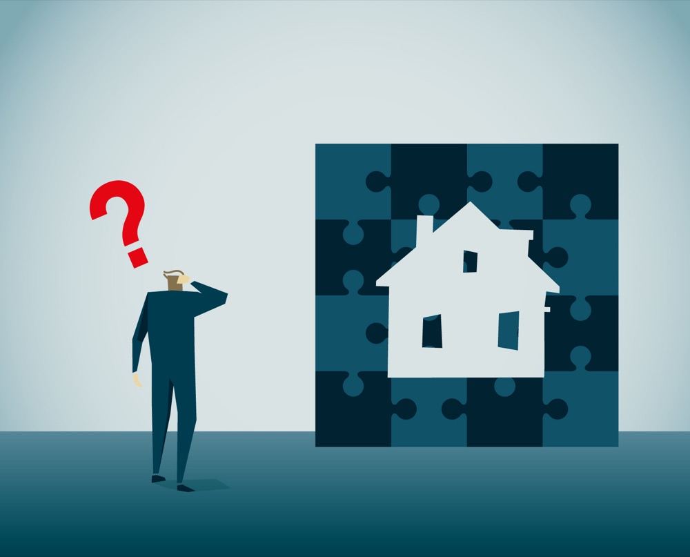 Illustration: Eigentümer steht fragend vor einem Haus, dessen Wert sich wie ein Puzzle zusammensetzt